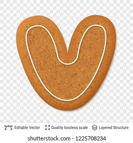 Gingerbread letter V symbol with drop shadow. Traditional Christmas cookie. Editable vector font element.