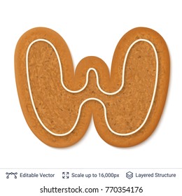 Gingerbread letter W isolated on white. Traditional Christmas cookie. Editable vector font element.