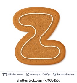 Gingerbread letter Z isolated on white. Traditional Christmas cookie. Editable vector font element.
