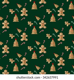 Gingerbread. Lollipop. Seamless pattern. Vector illustration on a green background. Swatch inside.
