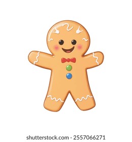  A gingerbread man is adorned with a smiley face, black eyes, a red bow tie, and three green and blue buttons. The gingerbread man's arms are decorated with white wavy lines, adding a touch of warmth 