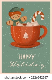 Gingerbread man in a big red mug with marshmallows and lollipop. Vector illustration of holiday baking. Christmas collection. Vector Christmas Greeting Card