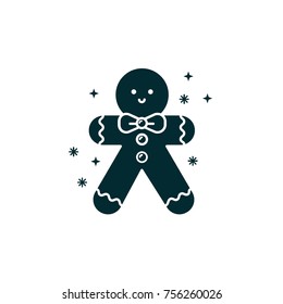 Gingerbread man black silhouette icon on isolated background. Vector illustration of bisquit for seasonal holidays. Christmas character design - ginger bread cookie with smiley face. 