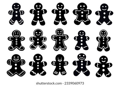 Gingerbread man black silhouette on transparent background, vector set