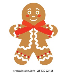 Gingerbread man with a bow. Christmas gingerbread man. Traditional Christmas decorative cookies. Illustrated vector clipart.