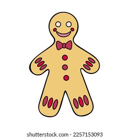 Gingerbread man in bow tie. Christmas sweet cookies. Happy New Year. Viva Mangenta. Hand drawn flat illustration.