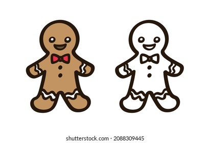 Gingerbread man and bow tie doodle colored   outline clipart set