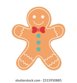 A gingerbread man with a bow tie and a smile on his face. The image is cheerful and festive, likely representing the holiday season