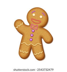 Gingerbread man with buttons and bow tie waving realistic vector illustration. Christmas holiday baking traditions 3d character on white