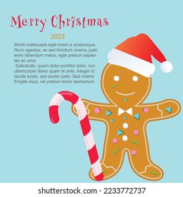 Gingerbread man with a candy cane in a Christmas hat. Christmas gingerbread, festive winter symbols. Vector on a blue background