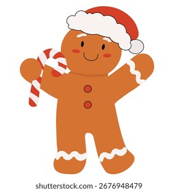 Hombre de jengibre con bastón de caramelo y sombrero de Navidades