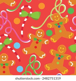 Gingerbread man and candy cane seamless pattern.Colorful style design for textile, paper.