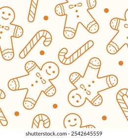 Gingerbread man and candy cane seamless pattern. Chrisrmas holiday background. Thin line new year ornament. Vector