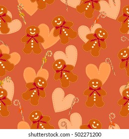 Gingerbread Man. Candy cane. Vector hearts set. Vector illustration. Beautiful seamless pattern.