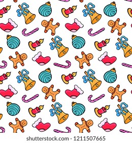 Gingerbread man, candy, Santa's sock, bell. Christmas seamless pattern. Festive design for the New Year 2019 in doodle style.