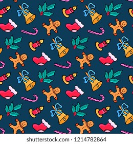 Gingerbread man, candy, Santa's sock, mistletoe. Christmas seamless pattern. Festive design for the New Year 2019 in doodle style.