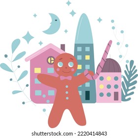 Gingerbread man with a candy stick in the street and houses on the background