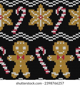 Gingerbread man and caramel candy cane knitted seamless pattern. Winter background for wear knitting design. Vector illustration.