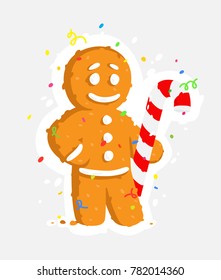 Gingerbread man with caramel cane. Vector illustration of a sticker. The image is isolated from the background. 