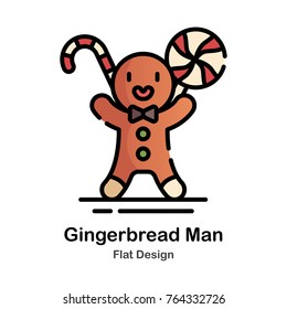 Gingerbread man carrying candy cane and lollipop flat vector Illustration