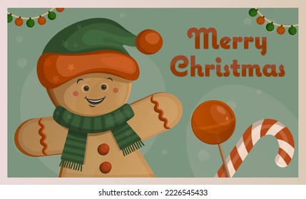 Gingerbread man cartoon character. Merry Christmas and Happy New Year Postcard or poster or flyer template with merry gingerbread man in retro style. Christmas card in vintage style. 