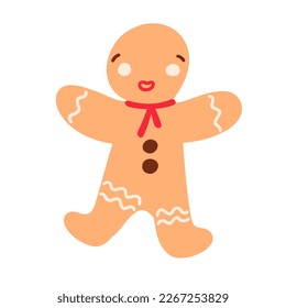 Gingerbread man in cartoon style. Christmas and New Year cookie. Vector illustration isolated on white background.