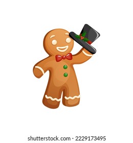 Gingerbread Man Character With Bow Tie, Icing Decoration And Snowman Top Hat In His Hands. Funny Christmas Cookie Clipart. Traditional Sweet Xmas Ginger Biscuit.