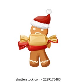 Gingerbread Man Character With Chocolate Candies As Gift Boxes In His Hands. Funny Christmas Cookie Clipart Wearing Santa Hat. Traditional Sweet Xmas Ginger Biscuit.