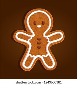 Gingerbread man character cookie on a brown background, vector illustration
