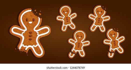 Gingerbread man character cookie set with a torn off leg, bitten head, regular on a brown background, vector illustration