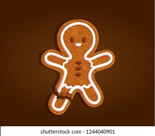Gingerbread man character cookie with a torn off leg on a brown background, vector illustration
