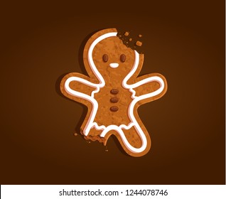 Gingerbread man character cookie with a torn off leg, bitten head on a brown background, vector illustration