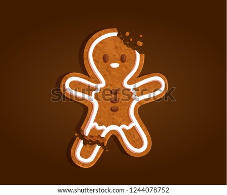 Gingerbread man character cookie with a torn off leg, bitten head on a brown background, vector illustration