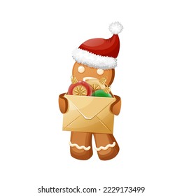 Gingerbread Man Character With A Gift Box Full Of Christmas Tree Decorations In His Hands. Funny Christmas Cookie Wearing Santa Hat. Traditional Sweet Xmas Ginger Biscuit.