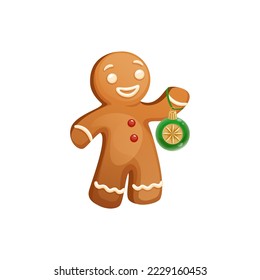 Gingerbread Man Character With Icing Decoration And Christmas Decorations In His Hands. Funny Christmas Cookie Clipart. Traditional Sweet Xmas Ginger Biscuit.