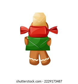 Gingerbread Man Character Loaded With Chocolate Candies As A Big Stack Of Gift Boxes In His Hands. Sweet Christmas Cookie Clipart. Traditional Sweet Xmas Ginger Biscuit.