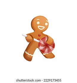 Gingerbread Man Character With Red and White Peppermint Lollipop Guitar In His Hands. Cheerful Bass Guitar Player Christmas Cookie. Traditional Sweet Xmas Ginger Biscuit.