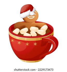 Gingerbread Man Character With Santa Hat Relaxing In Cup Of Hot Cocoa With Marshmallow. Cozy Winter Homemade Hot Drink. Funny Christmas Cookie Taking A Bath In A Mug. Traditional Xmas Ginger Biscuit.