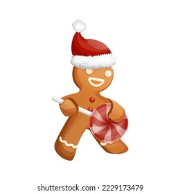 Gingerbread Man Character In Santa Red Hat With Red and White Peppermint Lollipop Guitar In His Hands. Cheerful Bass Guitar Player Christmas Cookie. Traditional Sweet Xmas Ginger Biscuit.