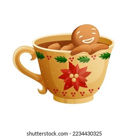 Gingerbread Man Character Taking A Bath In Cup Of Hot Coffee With Marshmallow. Cozy Winter Homemade Hot Drink. Funny Christmas Cookie Relaxing In A Mug. Traditional Xmas Ginger Biscuit.