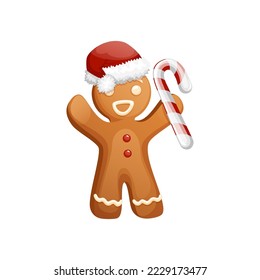 Gingerbread Man Character Wearing Santa Hat With Candy Cane In His Hands. Funny Christmas Cookie Clipart. Traditional Sweet Xmas Ginger Biscuit.