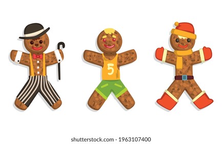 Gingerbread Man Characters Set, Traditional Sweet Xmas Ginger Biscuits Dressed Basketball Player, Santa, Charlie Chaplin Costumes Cartoon Vector Illustration