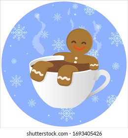 gingerbread man chilling in the cup of hot chocolate