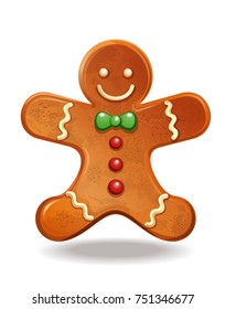 Gingerbread man. Christmas baking decorated colored icing. Holiday biscuit cookies in shape of cute human. Vector illustration isolated on white background