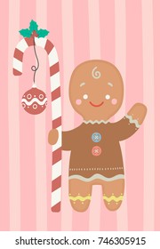 Gingerbread man with the Christmas candy. Vector illustration. Fun holiday poster.