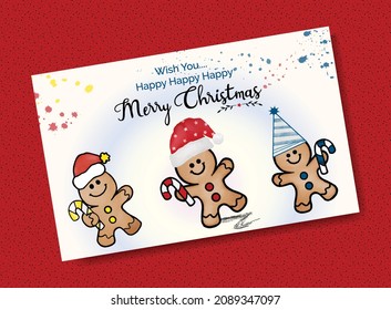 Gingerbread Man Christmas Card, Background Watercolor Vector Template Design