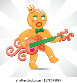 The gingerbread man Christmas gingerbread character playing the guitar, isolated on white background. Vector illustration. eps 10