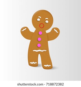 Gingerbread man Christmas cookie character with realistic shadow. Vector illustration.