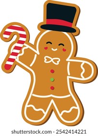 Gingerbread man christmas cookie decorated with classic icing details, three colorful buttons, black hat, candy cane, and dapper bow tie vector flat illustration. Perfect for seasonal advertisements.