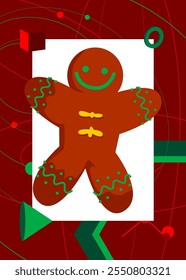 Gingerbread Man Christmas Cookie geometrical graphic retro theme background. Minimal geometric elements. Vintage abstract shapes vector illustration.